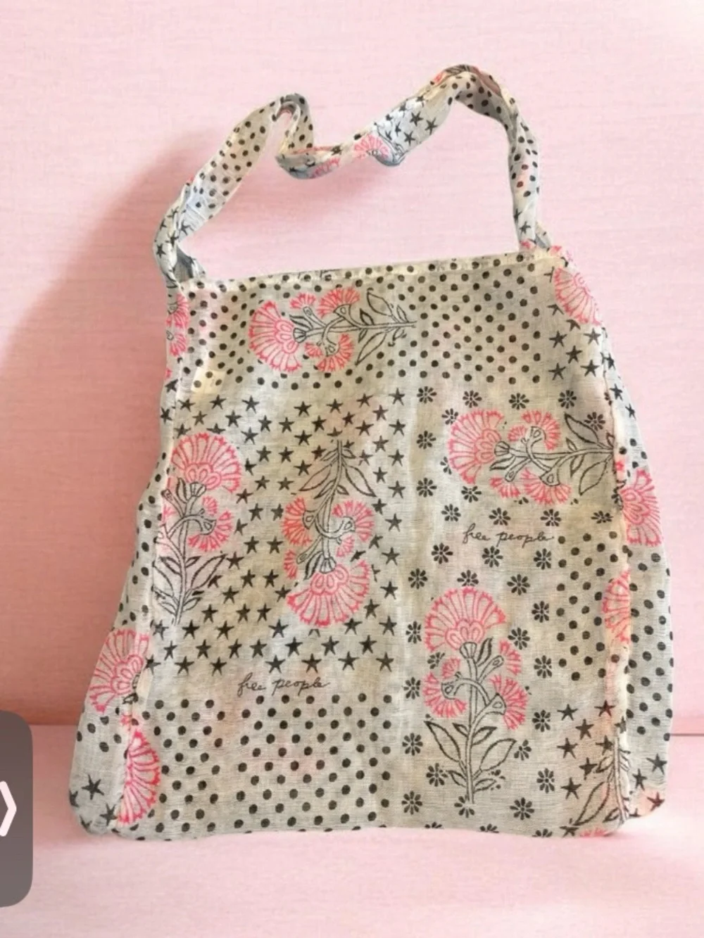 Free People Pink Floral Canvas Tote with Black Dot Print